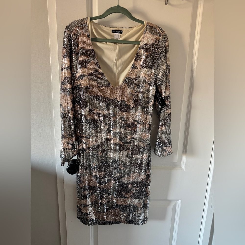 VENUS Long Sleeve Sequin Dress - Black, Brown, Silver and green camo NWOT